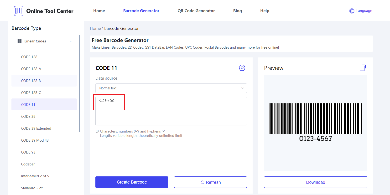 Eingabedaten auf Code 11 Barcode Generator.png