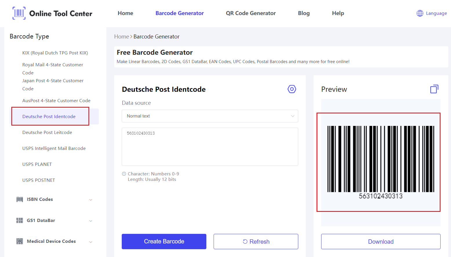 Deutsche Post Identcode Barcode generator.png